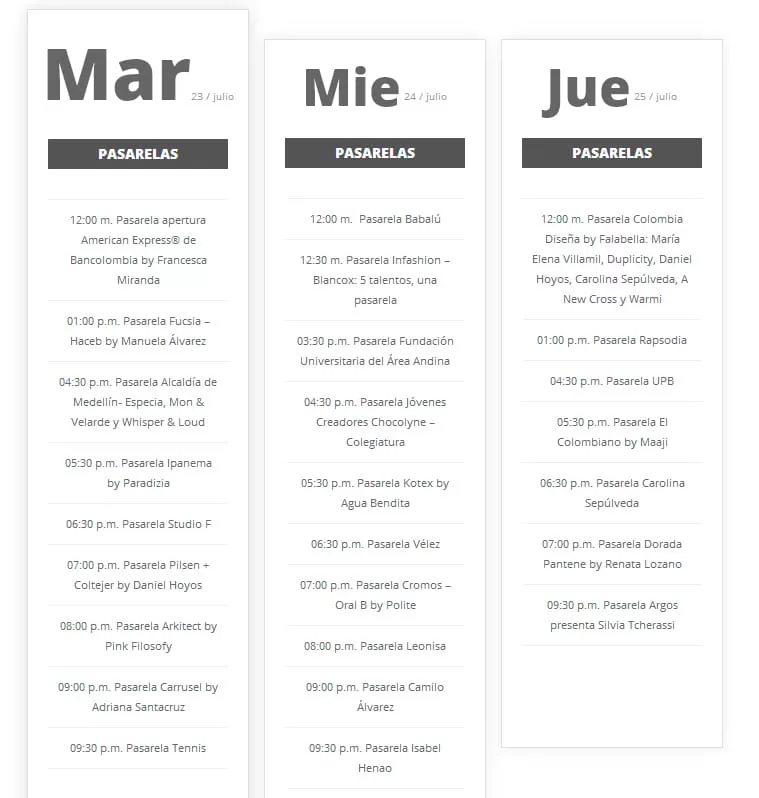 Programación de pasarelas de Colombiamoda 2013 por días: martes 23, miércoles 24 y jueves 25 de julio