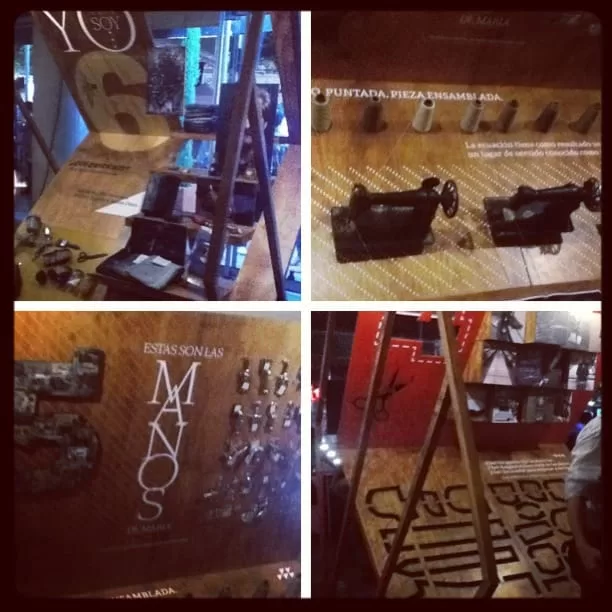 Collage del stand de Chevignon en Colombiamoda 2013 con máquinas de coser antiguas y el lema Estas son las manos