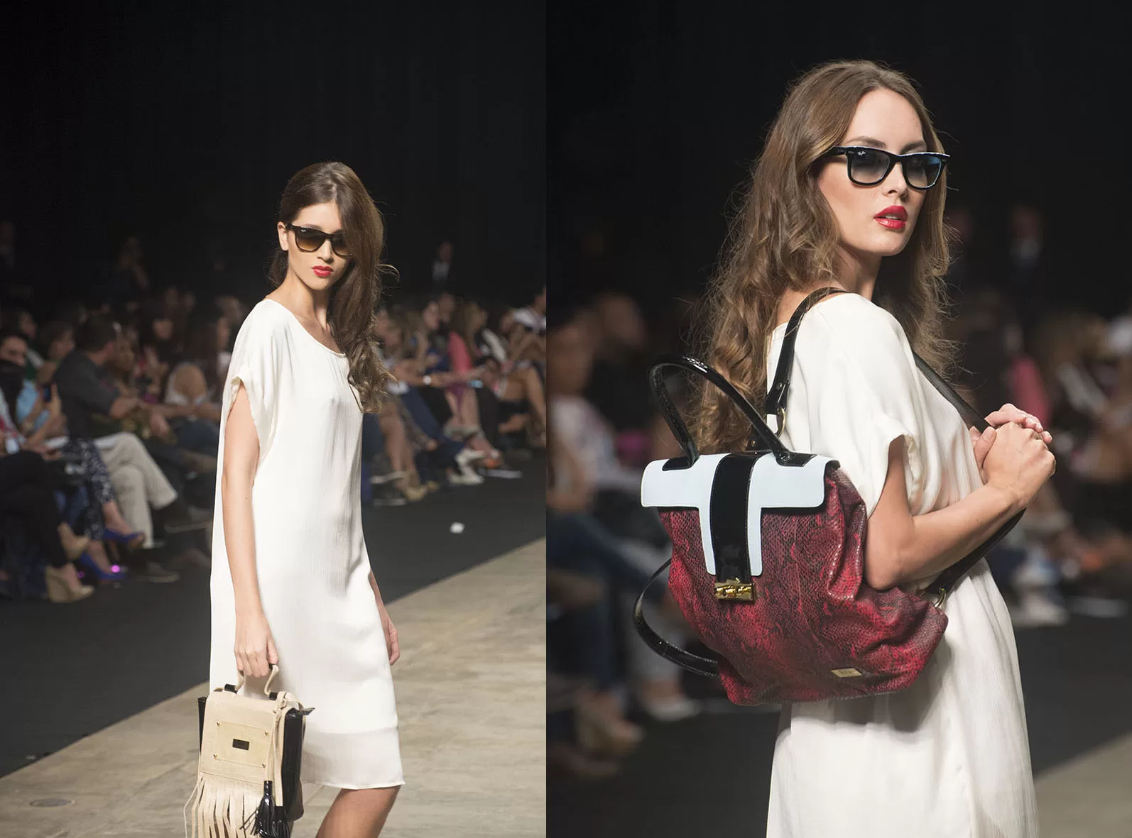Modelo con vestido blanco y mochila roja de Carolina Ochoa en dos tomas en la pasarela del SFW 2013