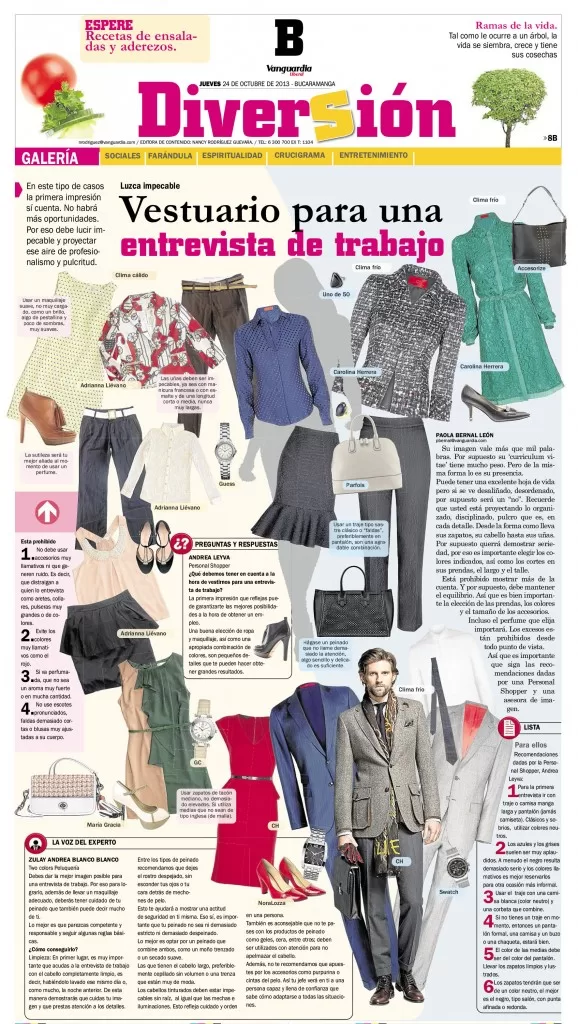 Página de Vanguardia Liberal con la nota Vestuario para una entrevista de trabajo y collages de looks formales