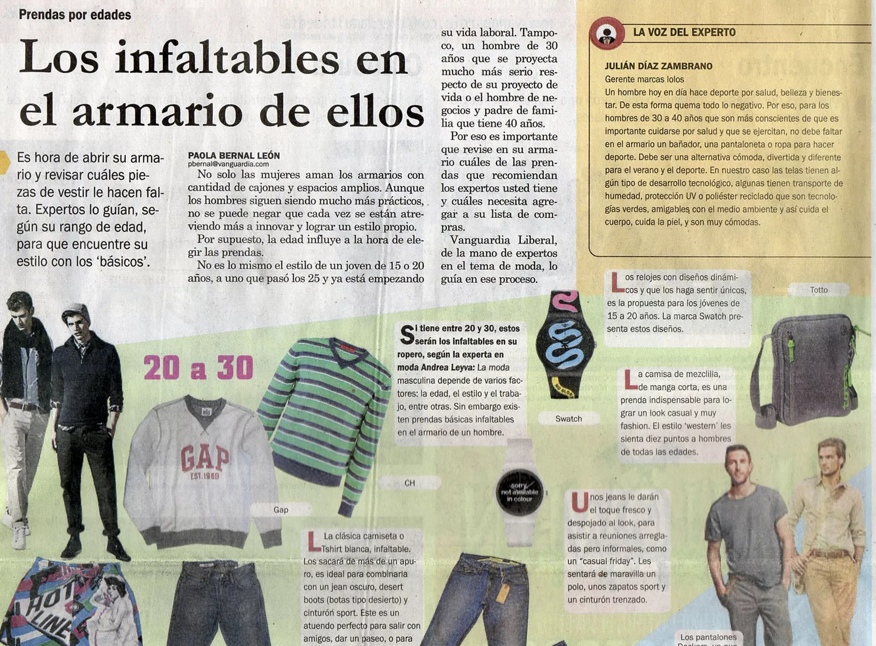 Los infaltables en el ropero del hombre por edades, Nota para VANGUARDIA LIBERAL