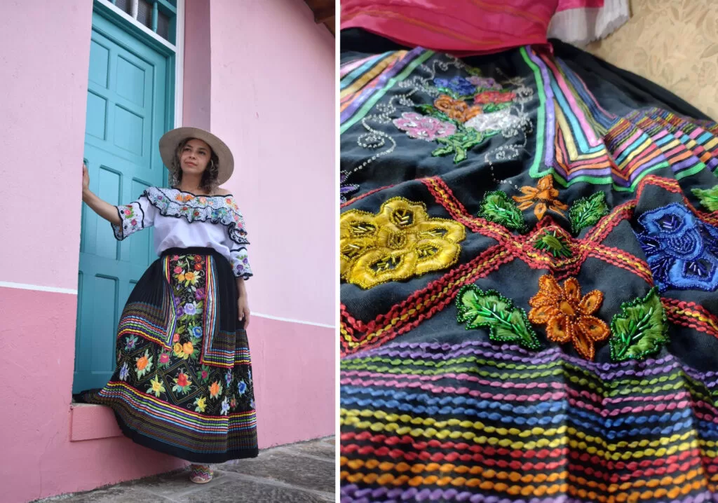 Diseño inspirado en las faldas típicas y en el fucsia de los trajes vistos en la película Encanto