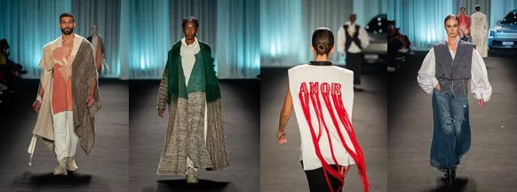 Look en denim reciclado con letras y mensajes sobre la reinvención en la moda