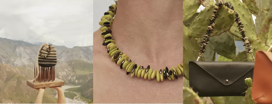 Accesorio de fibras y tintes naturales, con herrajes reemplazados por semillas y frijoles colombianos